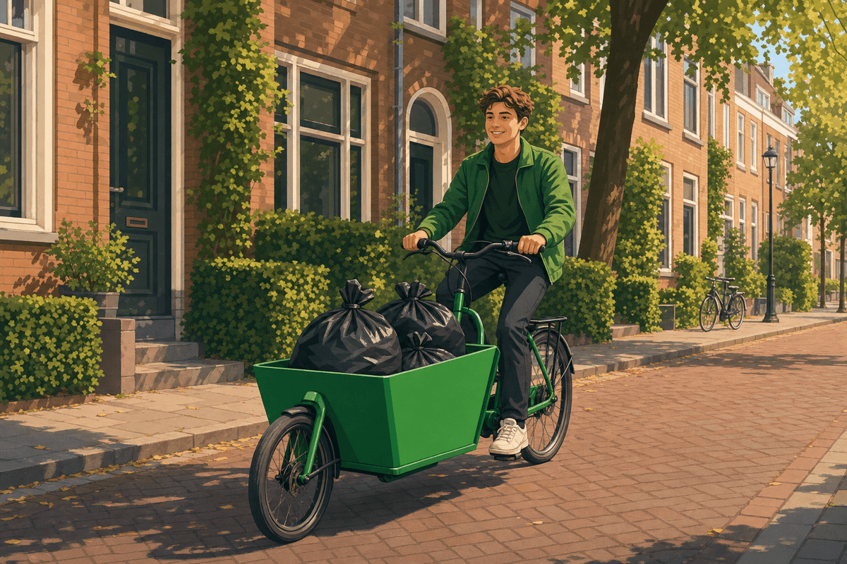 Jongere op een bakfiets die vuilniszakken ophaalt in Utrecht Oost